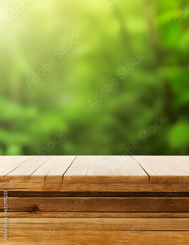 WOODEN TABLE WITH FRESH TROPICAL FOLIAGGE BOKEH BACKGROUND