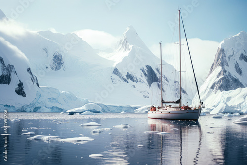 Sailboat anchored on an artic. Artic expedition. Ship on an expedition to the South Pole. Climate change. Mountains background and icebergs in the water. Generative AI..