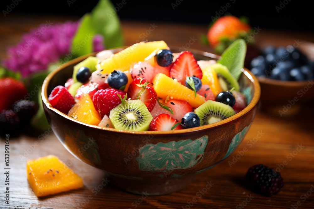 Exotic fruit salad elegantly nestled in a bowl. A harmonious composition of vibrant colors and textures, this illustration showcases a feast for the senses. Ai generated Exotic fruit salad elegantly nestled in a bowl. A harmonious composition of vibrant colors and textures, this illustration showcases a feast for the senses. Ai generated