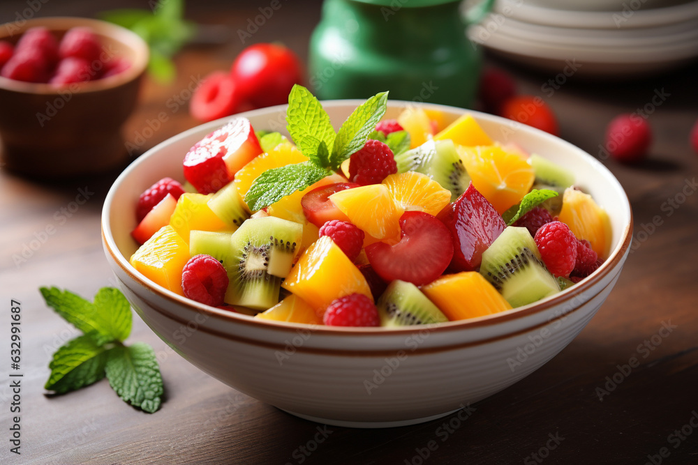 Exotic fruit salad elegantly nestled in a bowl. A harmonious composition of vibrant colors and textures, this illustration showcases a feast for the senses. Ai generated Exotic fruit salad elegantly nestled in a bowl. A harmonious composition of vibrant colors and textures, this illustration showcases a feast for the senses. Ai generated