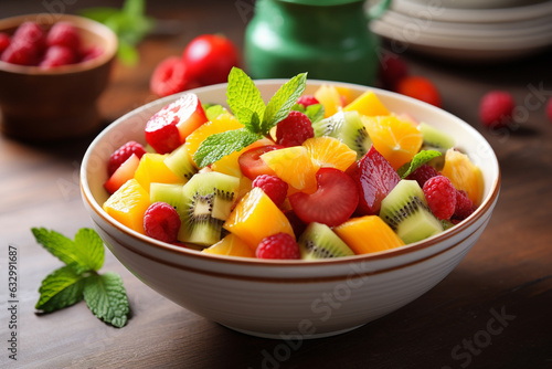 Exotic fruit salad elegantly nestled in a bowl. A harmonious composition of vibrant colors and textures, this illustration showcases a feast for the senses. Ai generated