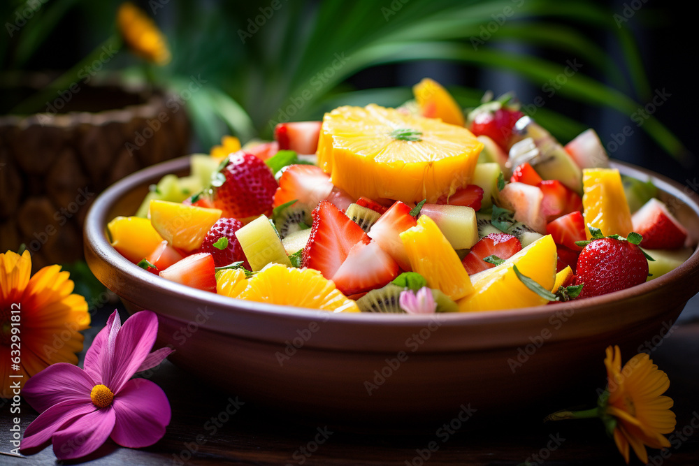 Exotic fruit salad elegantly nestled in a bowl. A harmonious composition of vibrant colors and textures, this illustration showcases a feast for the senses. Ai generated Exotic fruit salad elegantly nestled in a bowl. A harmonious composition of vibrant colors and textures, this illustration showcases a feast for the senses. Ai generated
