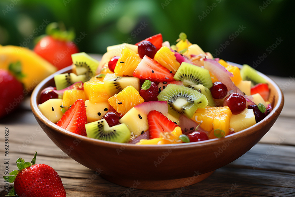 Exotic fruit salad elegantly nestled in a bowl. A harmonious composition of vibrant colors and textures, this illustration showcases a feast for the senses. Ai generated Exotic fruit salad elegantly nestled in a bowl. A harmonious composition of vibrant colors and textures, this illustration showcases a feast for the senses. Ai generated