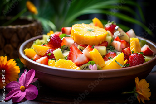 Exotic fruit salad elegantly nestled in a bowl. A harmonious composition of vibrant colors and textures, this illustration showcases a feast for the senses. Ai generated