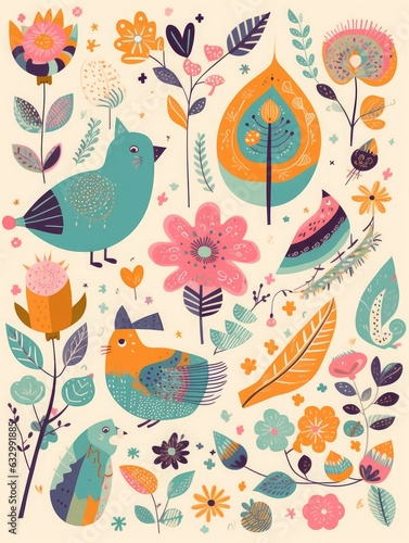 Big spring collection of flowers  leaves  birds  cat and spring symbols and decorative elements  Generative AI