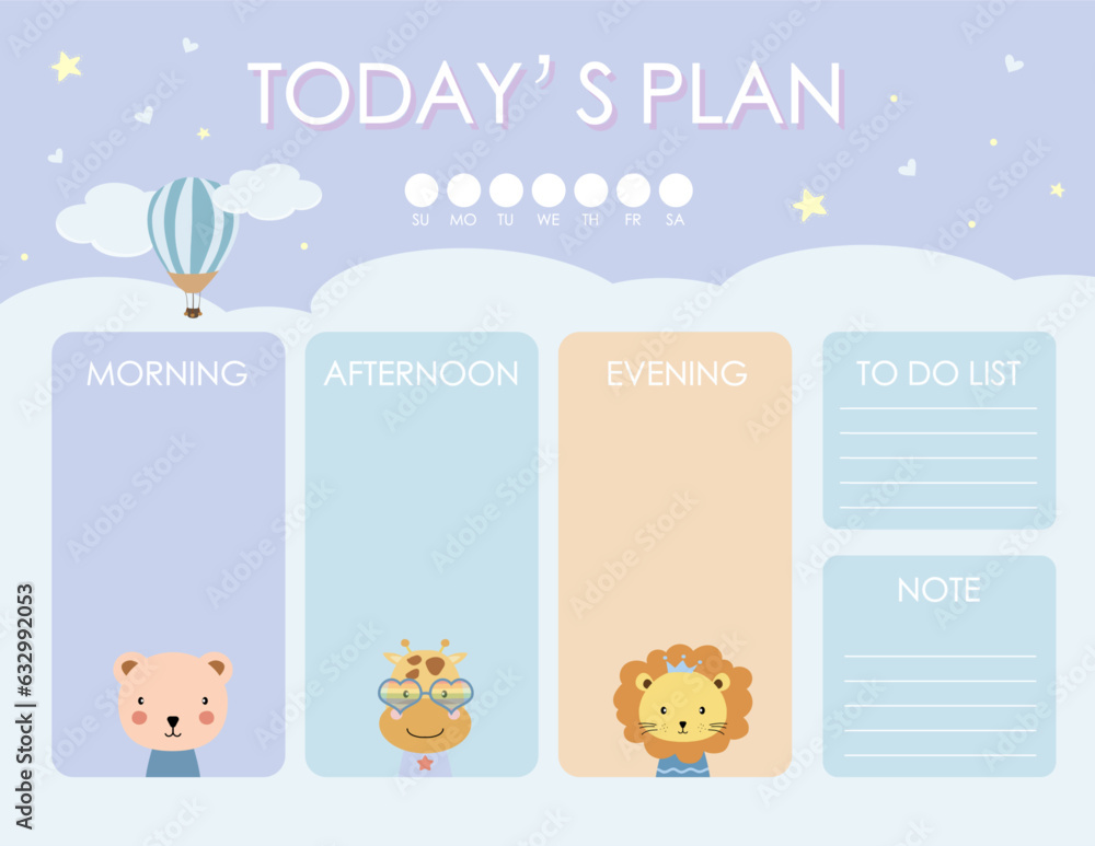 cute daily planner background with cloud,animal.Vector illustration for kid and baby.Editable element cute daily planner background with cloud,animal.Vector illustration for kid and baby.Editable element