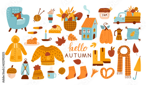 Autumn set, collection with leaf, pumpkins, sweater, and others. Perfect for web, card, poster, cover, tag, invitation, sticker kit. Vector illustration