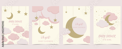 Baby shower invitation card for girl with balloon, cloud,sky, pink