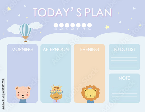 cute daily planner background with cloud,animal.Vector illustration for kid and baby.Editable element