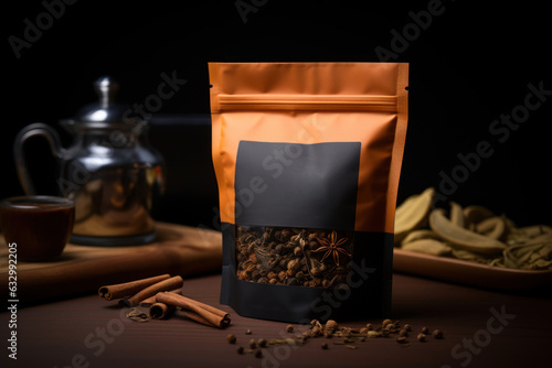 Masala Chai paper package with ingredients and spices for preparing Indian tradition Masala tea. Generative AI