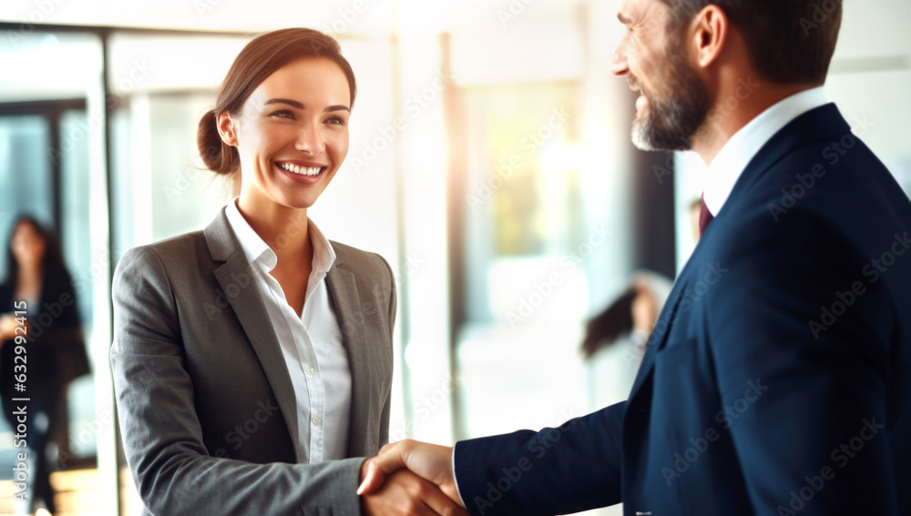 Bussines partners handshakes in modern open space on the background of coworking team on new startup project. Generated with AI Bussines partners handshakes in modern open space on the background of coworking team on new startup project. Generated with AI