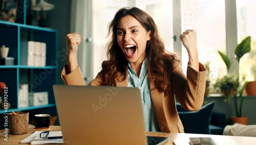 Excited happy business young woman sitting with laptop raising hands up and celebrating success, female feeling winner rejoicing online win. Generated with AI