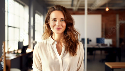 Successful businesswoman standing in creative office and looking at camera while smiling. Generated with AI