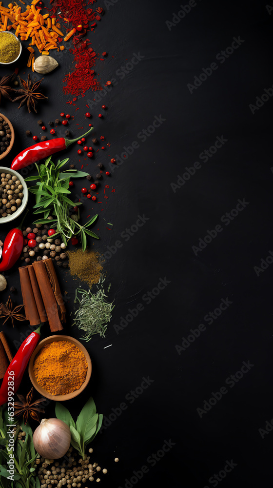Top View Wide Variety Spices and Herbs on Background of Black Table Top View Wide Variety Spices and Herbs on Background of Black Table