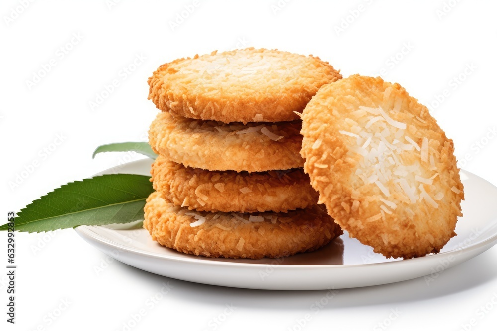 There is a stack of homemade coconut cookies placed on a plain white surface, separated from the surroundings with a clipping path. There is a stack of homemade coconut cookies placed on a plain white surface, separated from the surroundings with a clipping path.