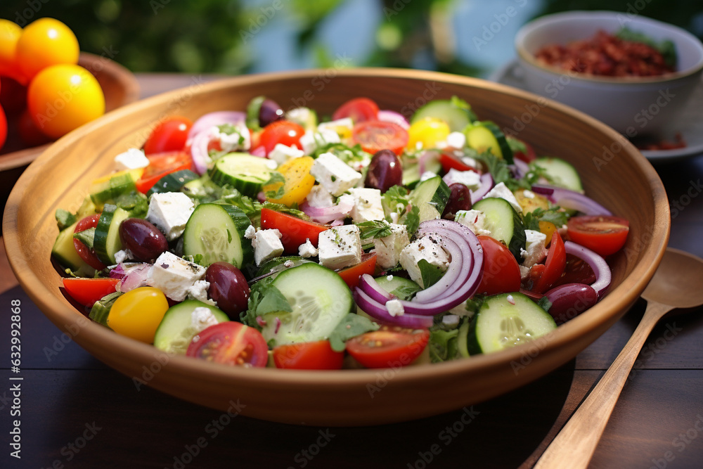 Greek salad, artistically arranged in a bowl atop a rustic wooden tabletop. Ai generated
