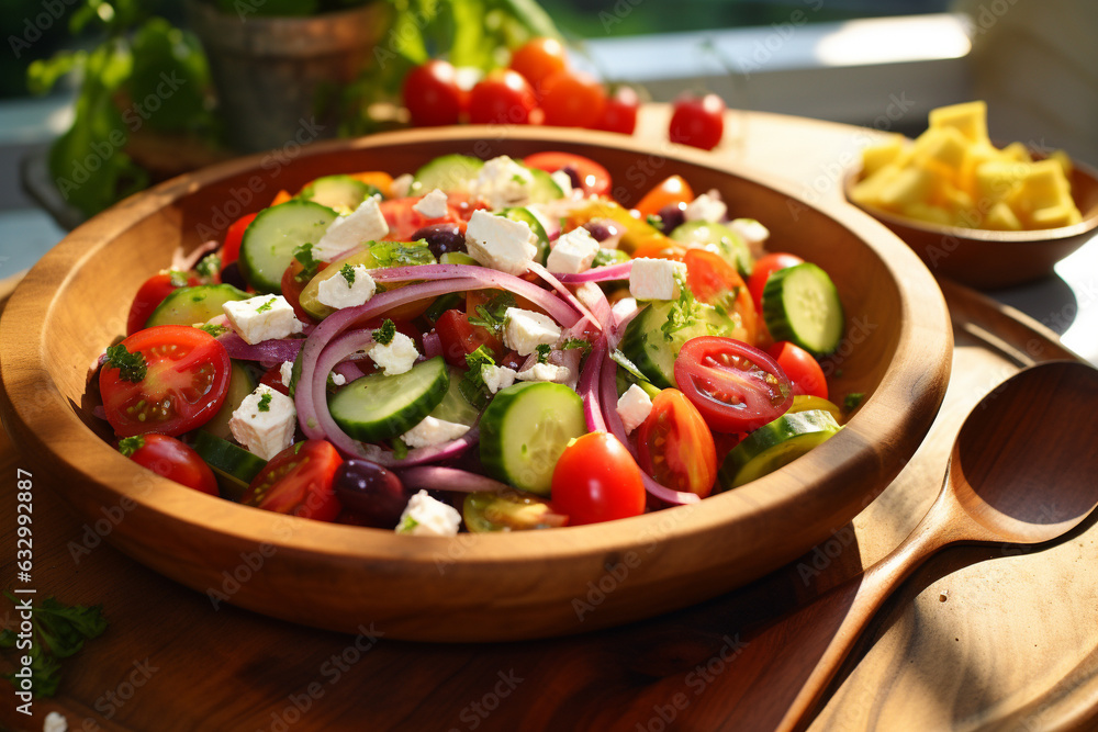 Greek salad, artistically arranged in a bowl atop a rustic wooden tabletop. Ai generated Greek salad, artistically arranged in a bowl atop a rustic wooden tabletop. Ai generated