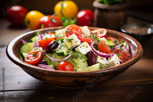 Greek salad, artistically arranged in a bowl atop a rustic wooden tabletop. Ai generated