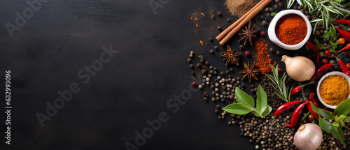 Top View Wide Variety Spices and Herbs on Background of Black Table