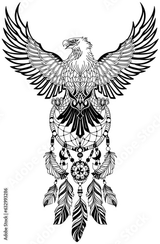 Eagle with wings spread and holding native Indian dreamcatcher, head turned in profile. Front view, vertical. Traditional outline tattoo. Black and white vector illustration