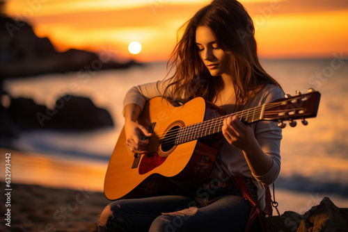 Illustration capturing the ethereal beauty of a young girl serenading the ocean waves with her acoustic guitar as the sun gracefully dips below the horizon. Ai generated