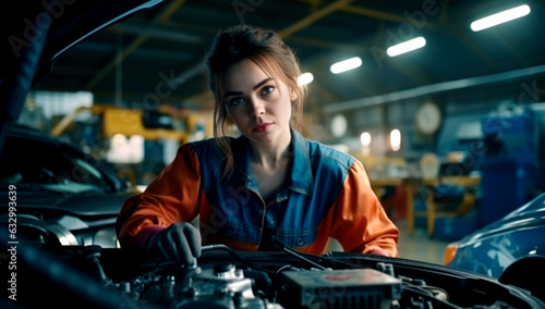 A woman repairing a car at a service station. Generated with AI