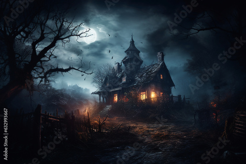 Illustration capturing the ominous atmosphere of a decrepit and haunted mansion, shrouded in darkness and mystery. Ai generated