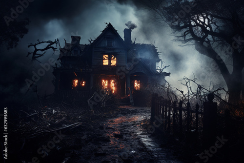 Illustration capturing the ominous atmosphere of a decrepit and haunted mansion, shrouded in darkness and mystery. Ai generated