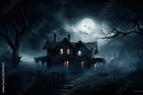 Illustration capturing the ominous atmosphere of a decrepit and haunted mansion, shrouded in darkness and mystery. Ai generated