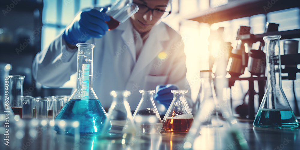 Lab Making Scientist is looking at erlenmeyer flask to observe the chemical ...