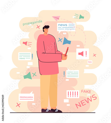 Man holding smartphone with fake news vector illustration. Bloggers and trolls spreading state propaganda online to deceive users and hide truth. State propaganda, social media concept