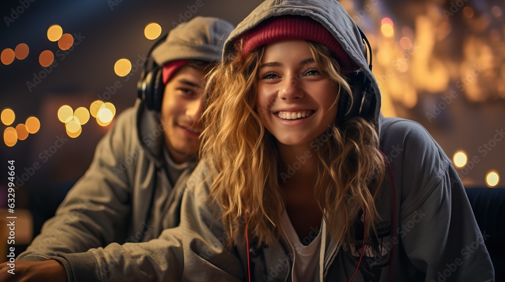 Happy teenager having fun with her friends, generative ai Happy teenager having fun with her friends, generative ai