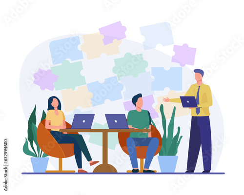 Manager providing constructive feedback vector illustration. Employees working in team, using laptops, understanding each other and showing empathy. Emotional intelligence in workplace concept photo