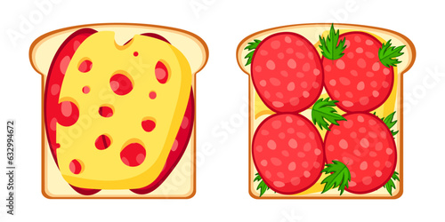 Set of delicious sandwiches in cartoon style. Vector illustration of sandwiches with different fillings on white bread: butter, cheese, sausage, parsley isolated on a white background.