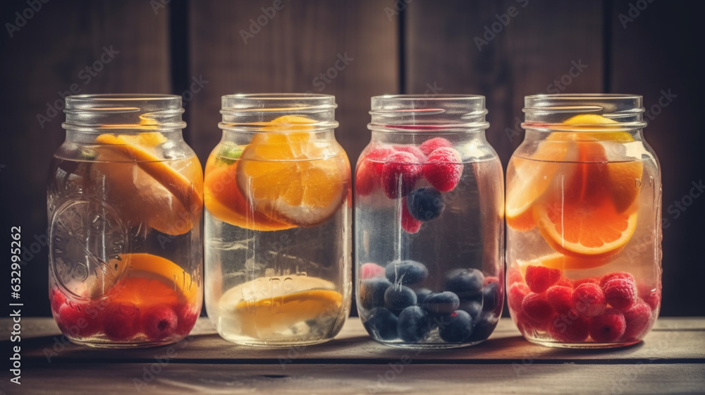 Mason jars of infused water with fruits and berries on wooden table. Generative AI Mason jars of infused water with fruits and berries on wooden table. Generative AI