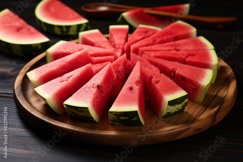 Refreshing watermelon slices. The vibrant colors, succulent texture, and mouthwatering appeal of the fruit create a scene that embodies the pure joy of indulging in nature's sweet gift. Ai generated