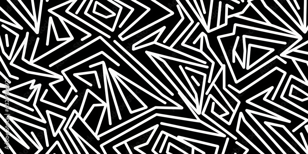 Seamless whimsical abstract hand drawn playful geometric polygon stripe doodle pattern. Trendy black and white diamond geode landscape line art drawing background. Simple monochrome, Generative AI