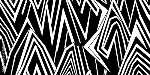 Seamless whimsical abstract hand drawn playful geometric polygon stripe doodle pattern. Trendy black and white diamond geode landscape line art drawing background. Simple monochrome, Generative AI
