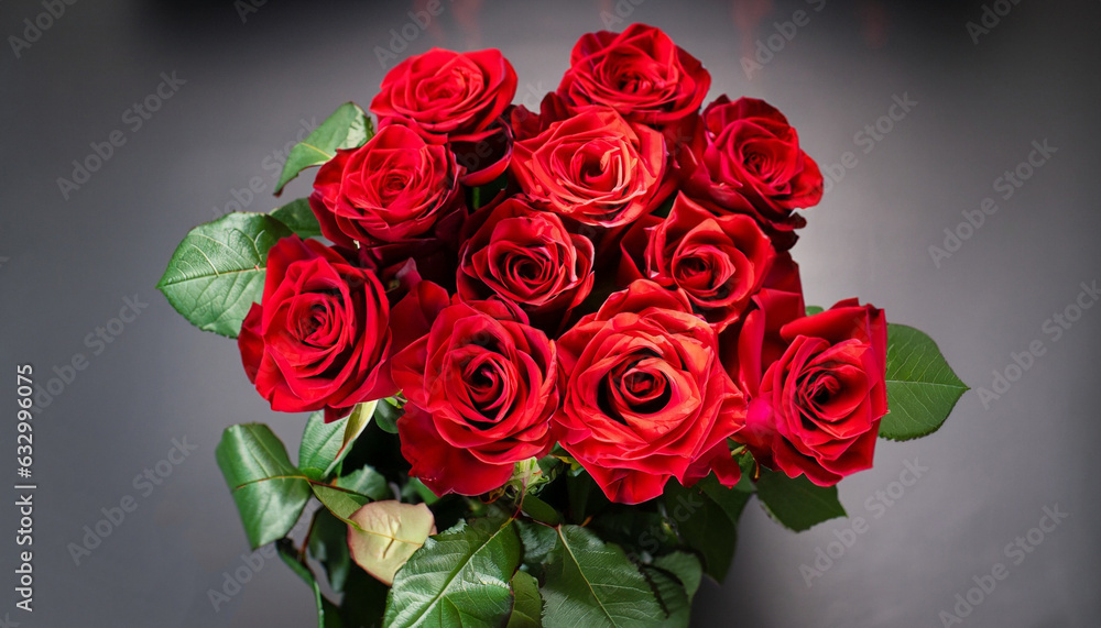 Bouquet of red roses on a black background. Top view