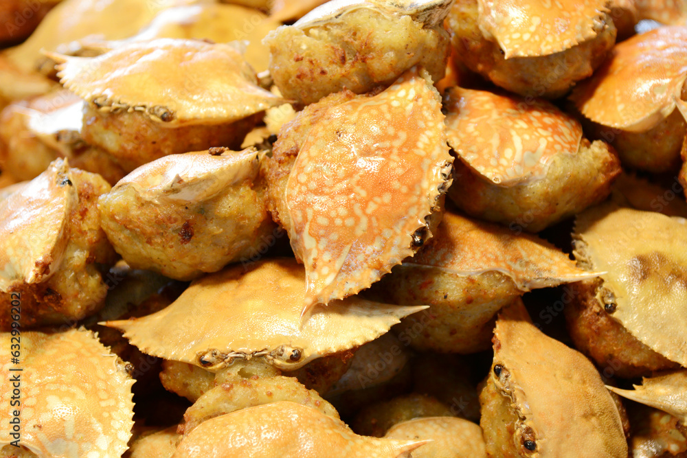 Fried crab in a market, closeup of photo with selective focus Fried crab in a market, closeup of photo with selective focus