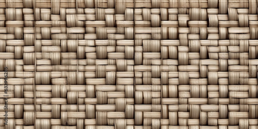 Seamless woven bamboo reeds basket weave background texture. Handmade braided rattan wickerwork with detailed wood grain overlay pattern or displacement, bump or height map. rendering, Generative AI Seamless woven bamboo reeds basket weave background texture. Handmade braided rattan wickerwork with detailed wood grain overlay pattern or displacement, bump or height map. rendering, Generative AI