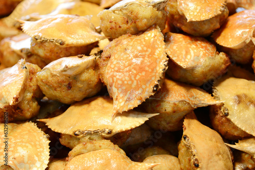 Fried crab in a market, closeup of photo with selective focus