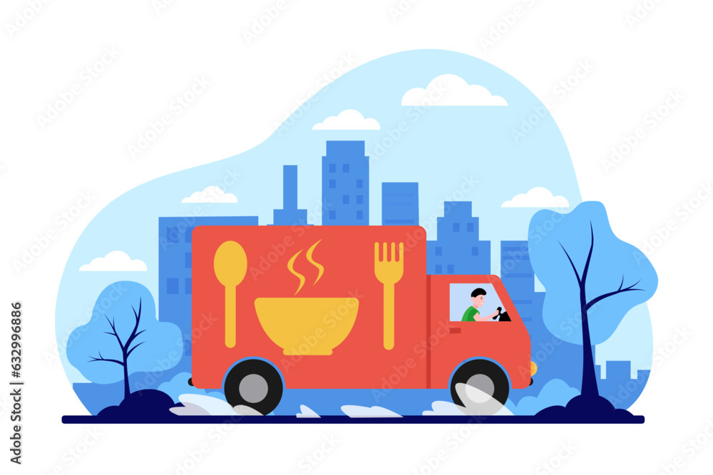 Fast delivery truck delivering food vector illustration. Happy driver hurrying to transport takeaway order to customers in city. Food delivery, m-commerce, transportation concept