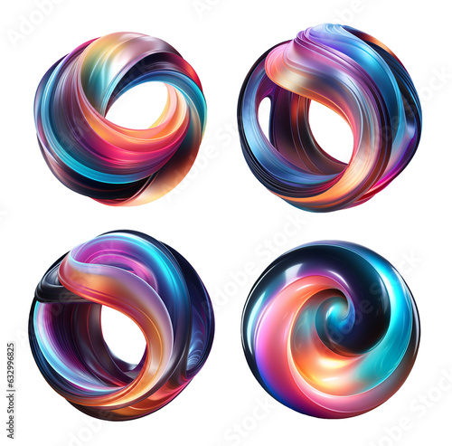 Abstract bold holographic wavy sphere shape isolated set. Iridescent colorful melted substance. Ai generated png on transparent background