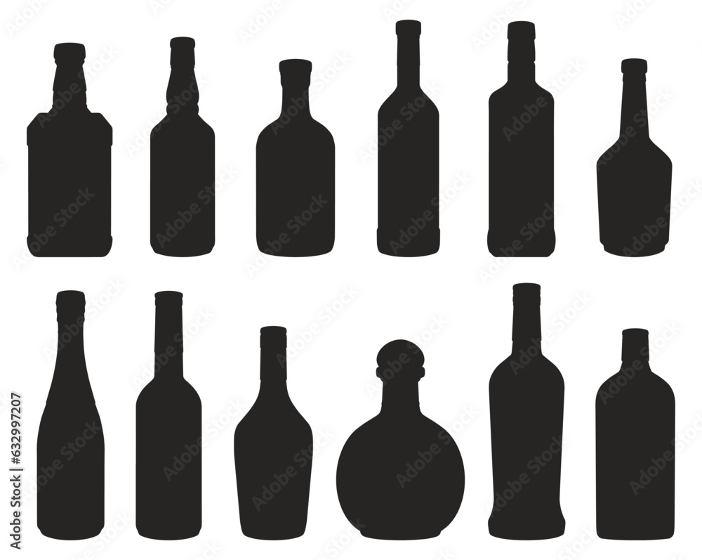 Alcohol bottles monochrome set silhouette Alcohol bottles monochrome set silhouette