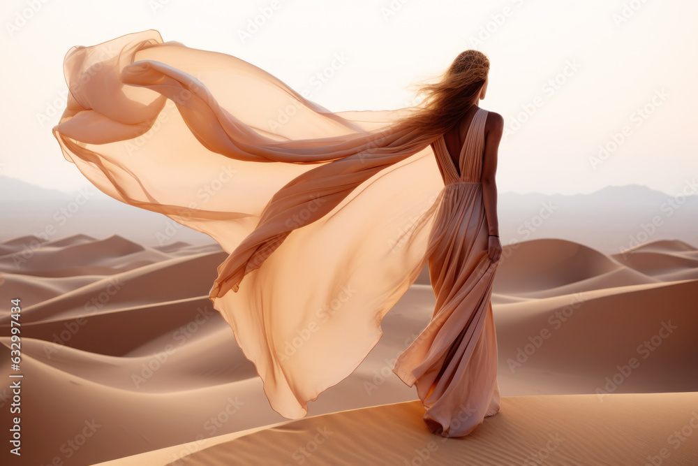 Woman in a long dress walking in the desert with  flowing fabric in the wind 