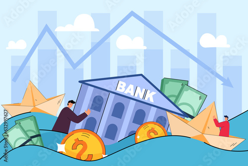 Bank drowning in water with money vector illustration. Scared businessmen and depositors panicking in paper boats. Collapse and bankruptcy of banks, financial crisis, banking failure concept