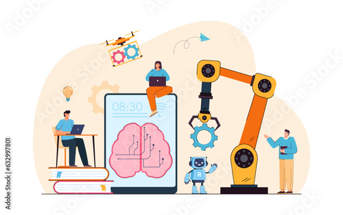 AI robots in industrial revolution vector illustration. People training to work with advanced technology, manipulator arm replacing human workforce. Artificial intelligence, robotization concept
