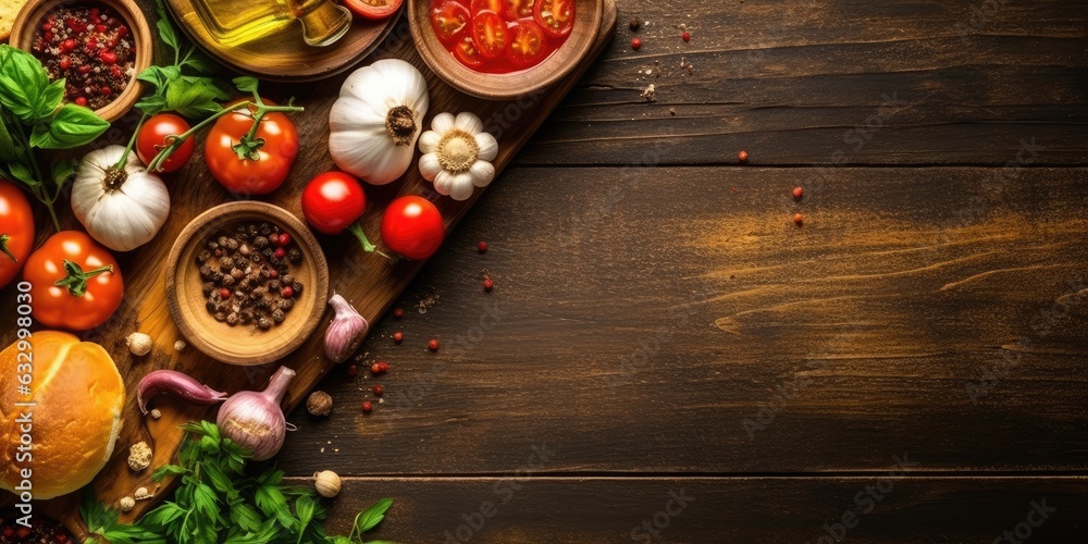 photo of products on a wooden background. view from above. Generative AI photo of products on a wooden background. view from above. Generative AI
