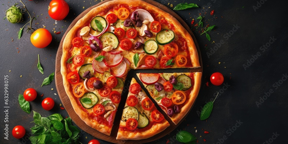 Tasty Italian pizza close-up. View from above. Place for text. Generative AI Tasty Italian pizza close-up. View from above. Place for text. Generative AI